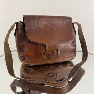 Vintage 90s Brown Tooled Leather Flower Butterfly Boho Crossbody Saddle Bag